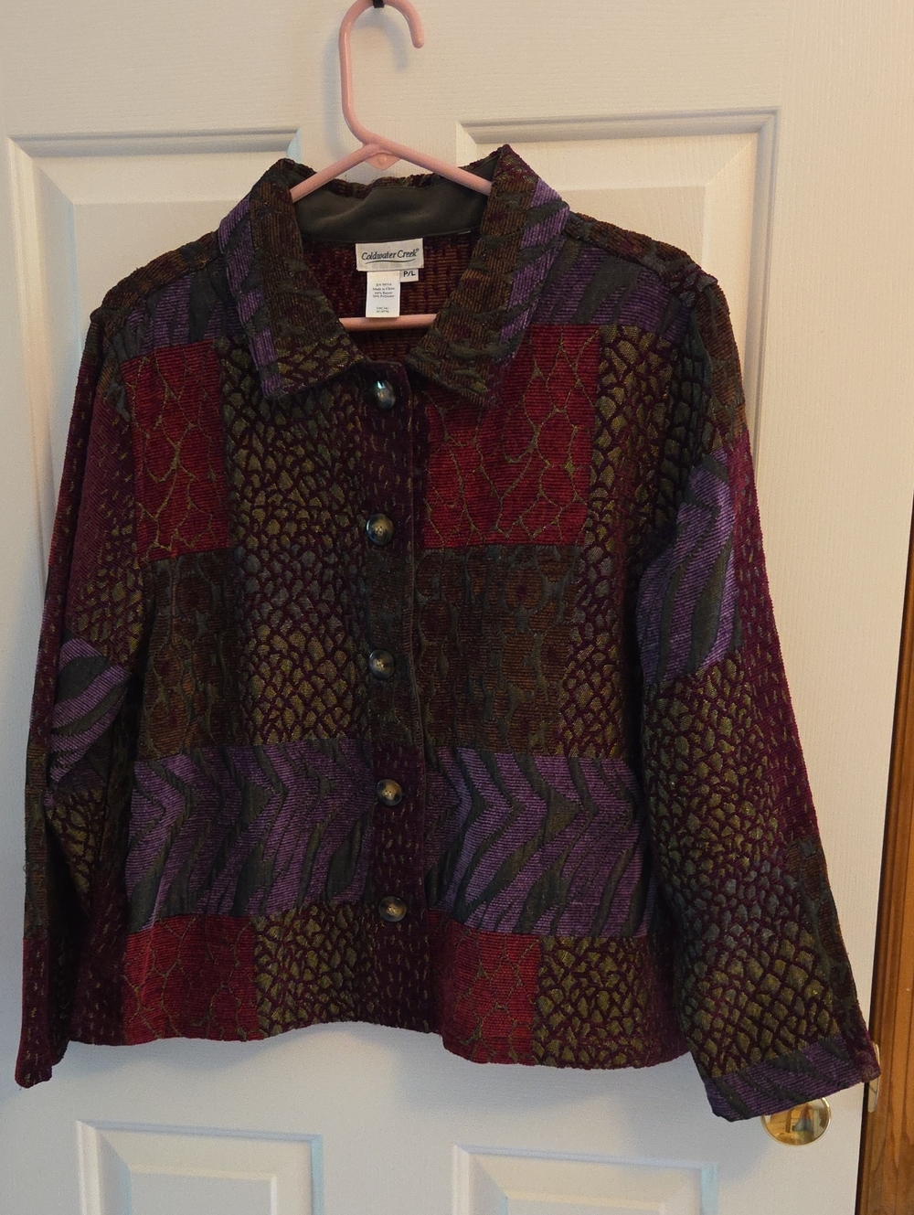 Coldwater Creek Colorful Patchwork Button Jacket, Purple Burgundy Olive Size PL